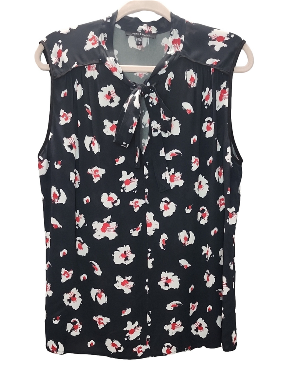 JUDITH & CHARLES Black floral bow tie sleeveless blouse